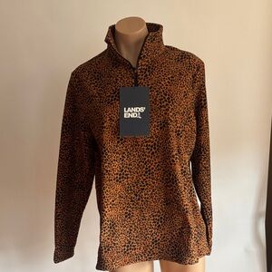 NWT Lands' End Leopard Animal Print Fleece Quarter-Zip Pullover Top Medium